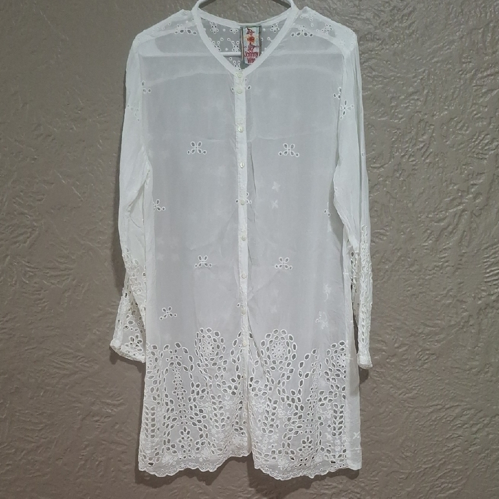 Johnny Was Wome's White Embellished Tunic with Mandarin Collar Size L